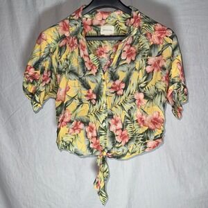 American Eagle Yellow Tropical Hibiscus Tie Front Button Down Crop Top Medium